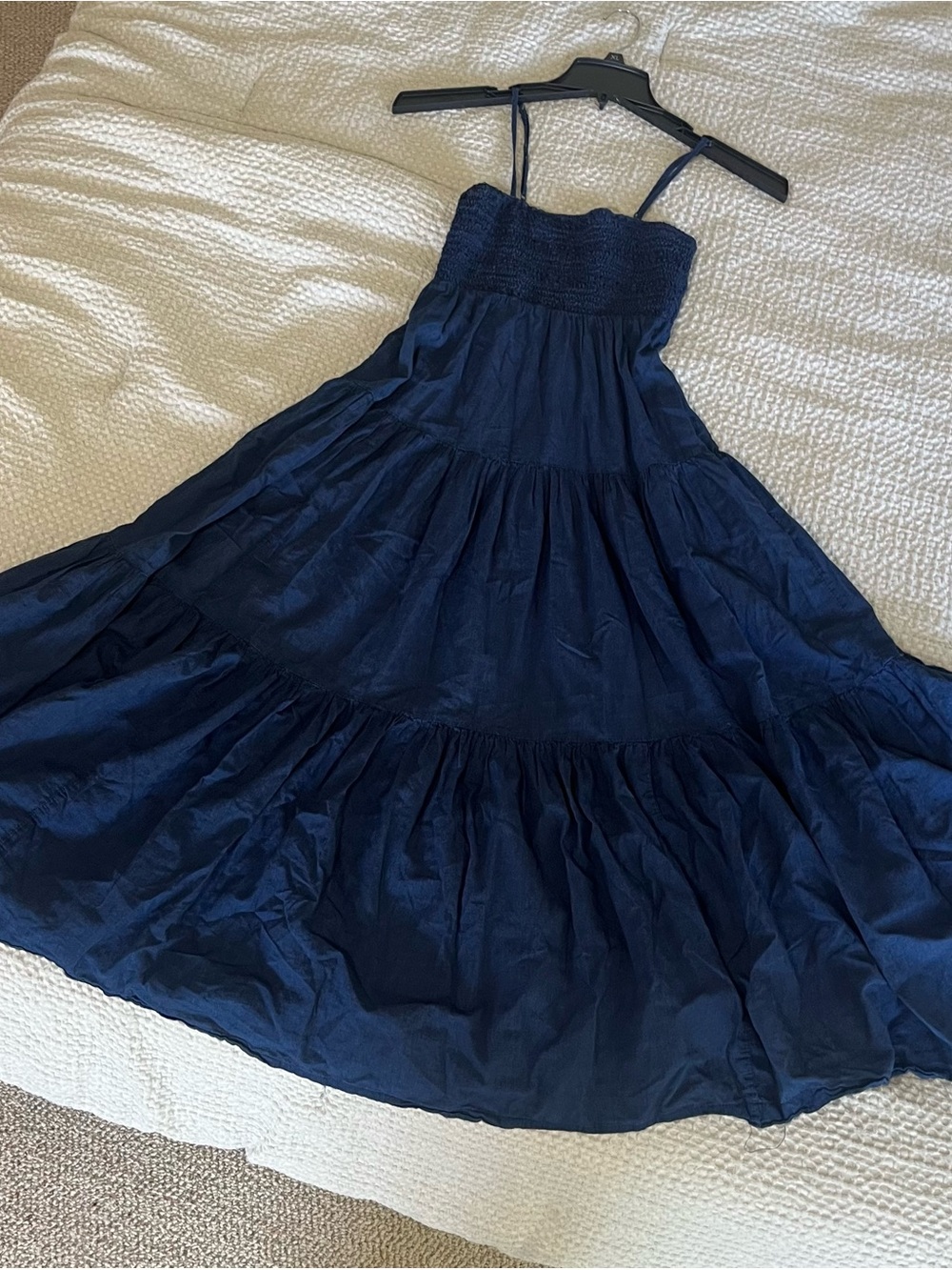 American Eagle Dress Womens Small Blue Tiered Maxi Smocked Pockets Spaghetti